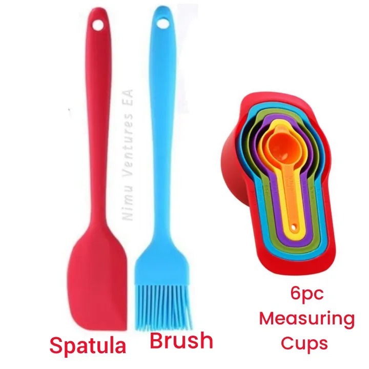 Brush + Spatula + 6 Measuring Cups - Silicone Brush Spatula Heat Resistant Rubber Scraper Oil Pastry & 6 PCs Measuring Cup and Spoon Set - Stackable Colorful Plastic for Kitchen Baking tools -8pc Set