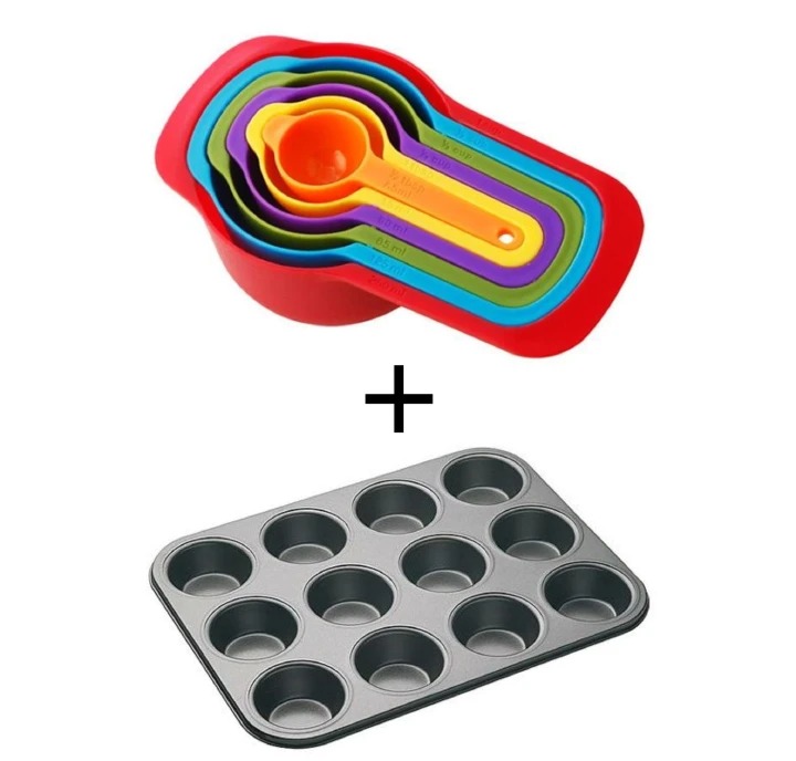6pcs Colorful Measuring Cups + 12-Hole Non-Stick Carbon Steel Cupcake Tray Bakeware Pastry Muffin Baking Oven Tray Pan Kitchen Tools