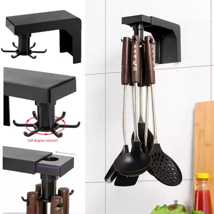 Multifunctional Shelf With 6 Rotating Hooks Organizer, Space-Saving, Wall Mounted, Adhesive Stick, Durable, Versatile For Kitchen, Bathroom, Home, Office, Storage, Accessories, Towels, And Utensils.