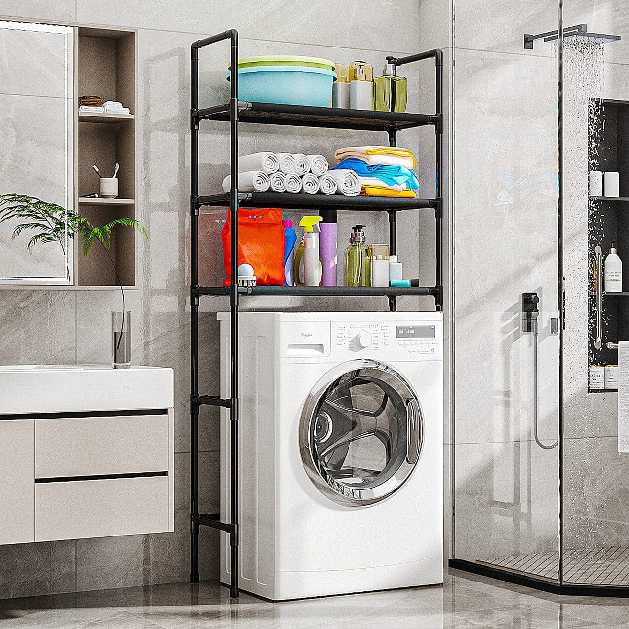 3-Layer Metallic Bathroom Storage Rack – Floor-Standing Toilet Rack, Basin Shelf, Washing Machine Rack, Home Bathroom Organizer, Space-Saving, Rust-Resistant, Durable, Storage For Toiletries, Towels