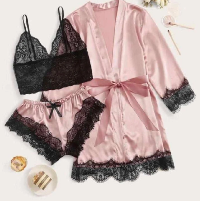 2026 Womens Pajamas Satin Big Size Long Sleeve Pajama Set Lace Lingerie Nightwear Soft Sleepwear 3PC Suit Nightgown Underwear Elegant Nightdress Comfortable Breathable Luxury Home Wear For Women Styli