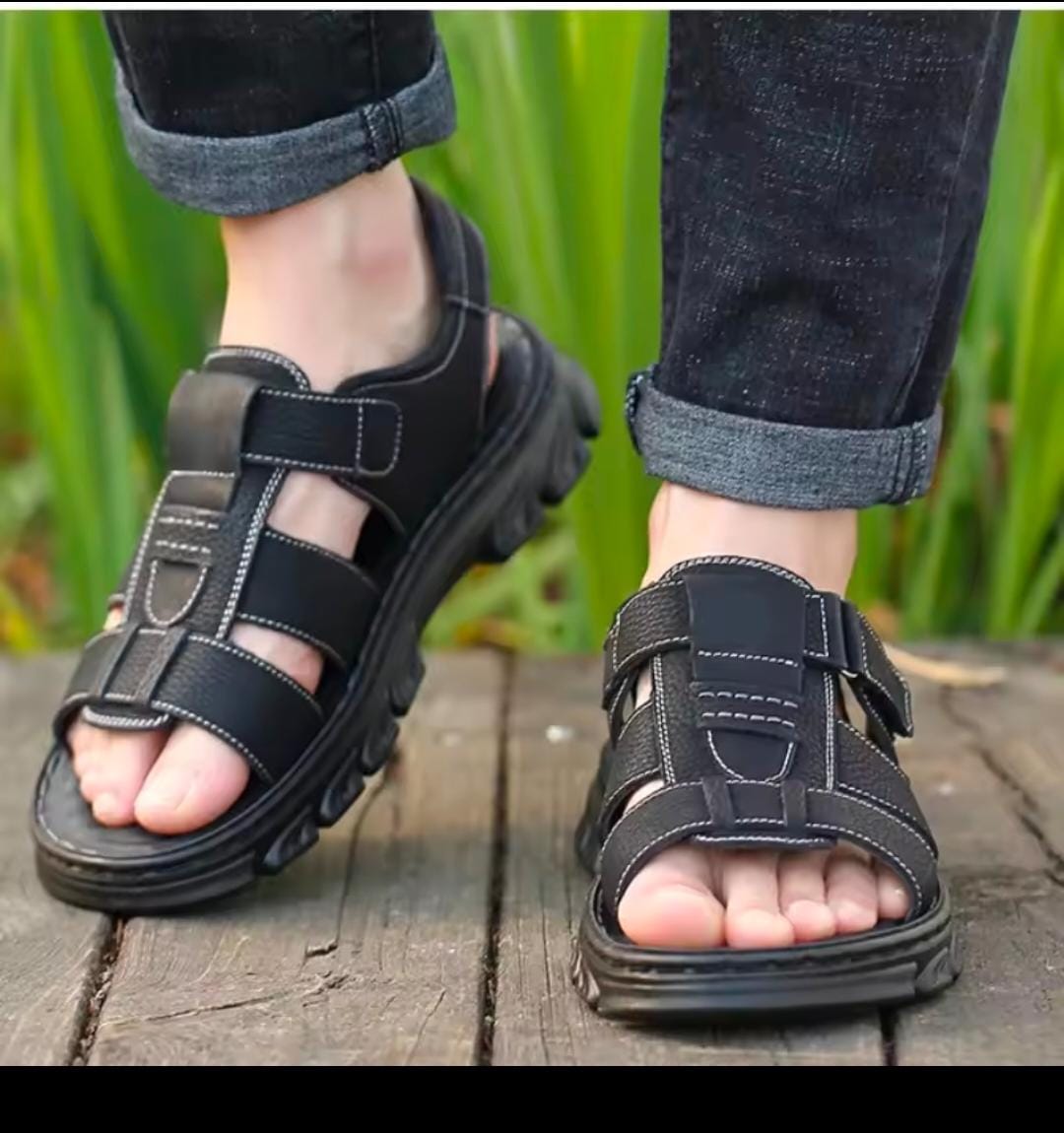 Men’s Leather Sandals – Comfortable Rubber Sole, Casual Summer Footwear, Durable Slip-On Sandals, Breathable, Stylish Outdoor Shoes for Everyday Wear