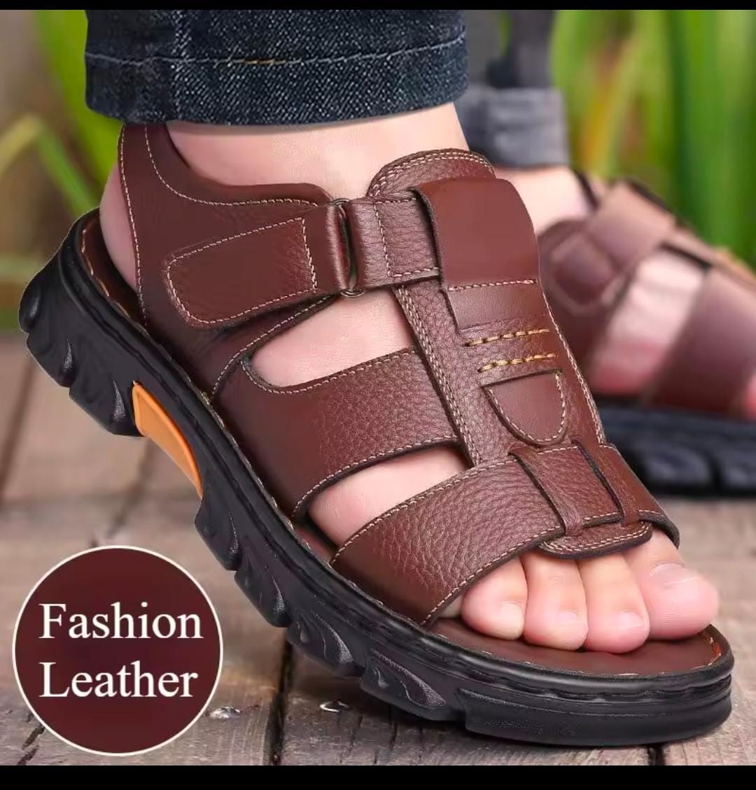 Men’s Leather Sandals – Comfortable Rubber Sole, Casual Summer Footwear, Durable Slip-On Sandals, Breathable, Stylish Outdoor Shoes for Everyday Wear