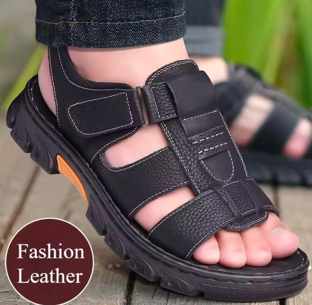 Men’s Leather Sandals – Comfortable Rubber Sole, Casual Summer Footwear, Durable Slip-On Sandals, Breathable, Stylish Outdoor Shoes for Everyday Wear