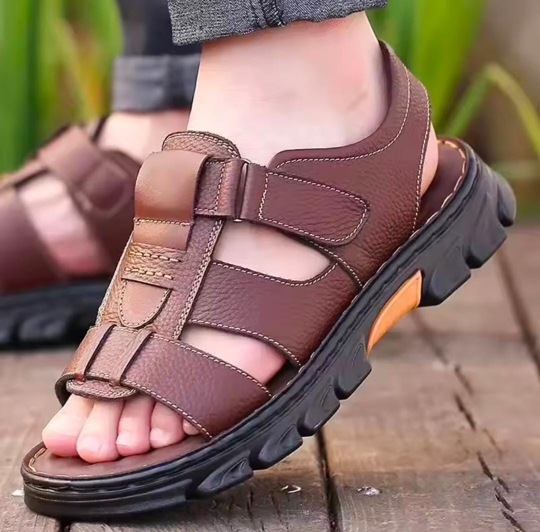 Men’s Leather Sandals – Comfortable Rubber Sole, Casual Summer Footwear, Durable Slip-On Sandals, Breathable, Stylish Outdoor Shoes for Everyday Wear