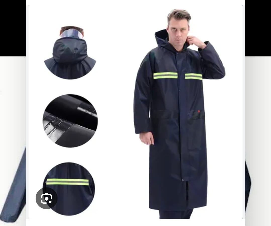 Heavy Duty Hooded Raincoat — Waterproof with Zipper & Reflective Strips (Black/Navy)