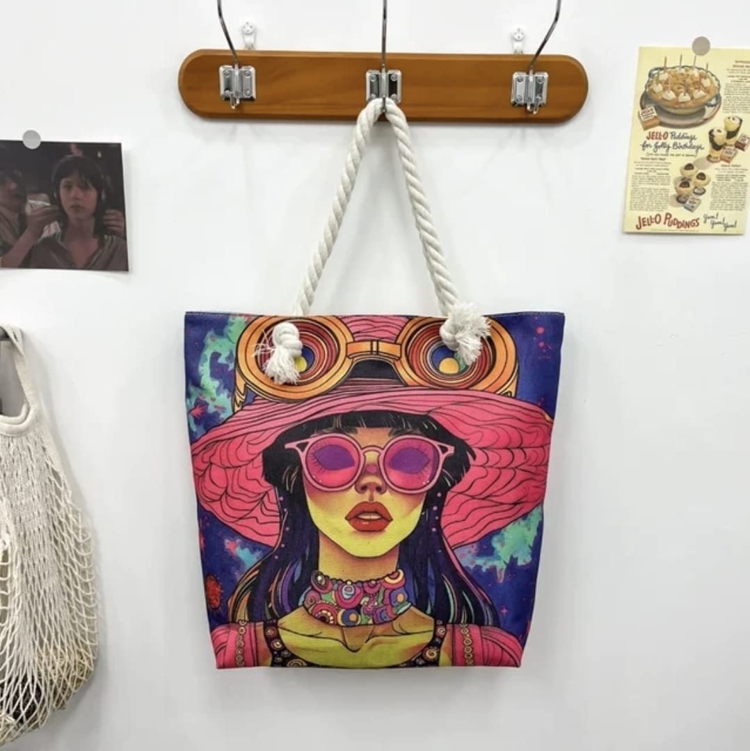 African  ladies casual tote bag art print canvas cartoon pattern.