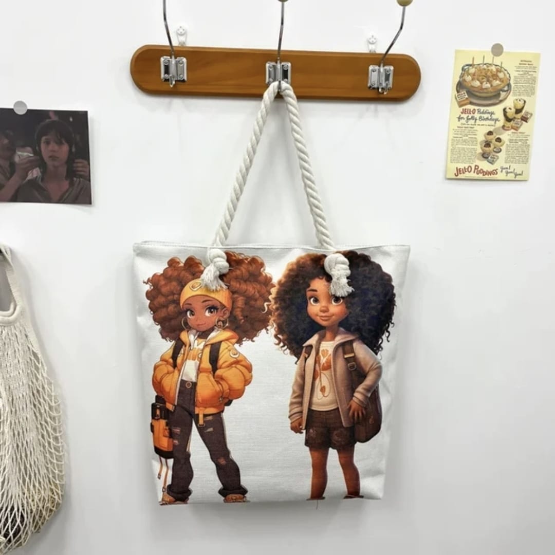 African  ladies casual tote bag art print canvas cartoon pattern.