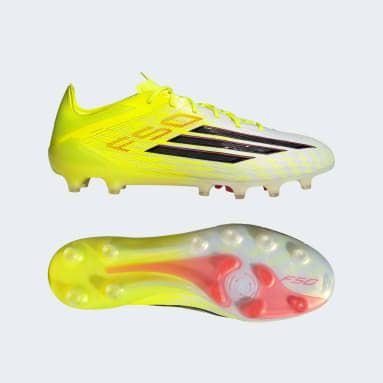 These are Adidas F50 Elite soccer cleats, specifically in the Team Solar Yellow / Core Black / Lucid Red colorway.