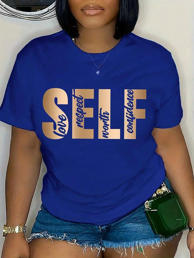 Women’s Graphic T-Shirt – “SELF Love Respect Worth Confidence” Print – Casual Short Sleeve Cotton Top (Blue)