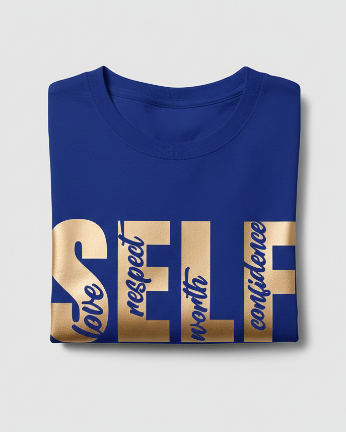 Women’s Graphic T-Shirt – “SELF Love Respect Worth Confidence” Print – Casual Short Sleeve Cotton Top (Blue)