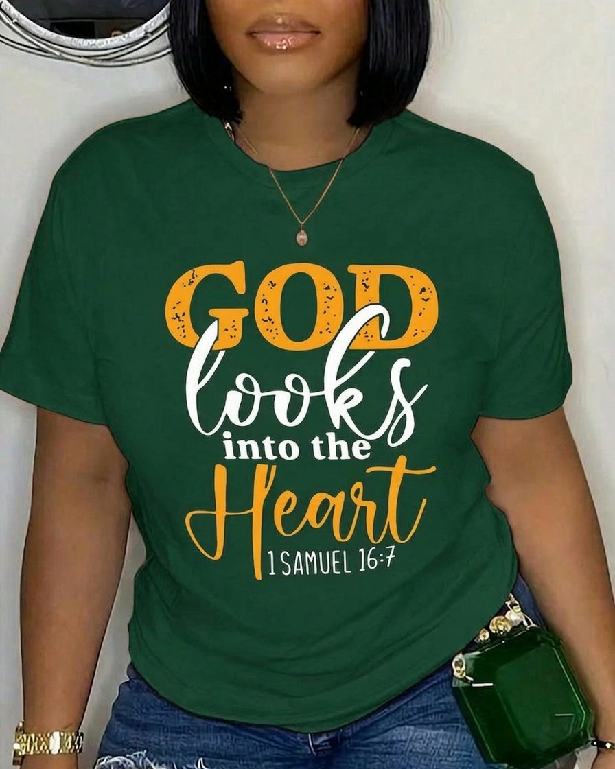 PREMIUM QUALITY T-SHIRT 100% COTTON CUSTOM BRANDED WOMEN CHRISTIAN BIBLE VERSE T-SHIRT – “GOD LOOKS INTO THE HEART” 1 SAMUEL 16:7