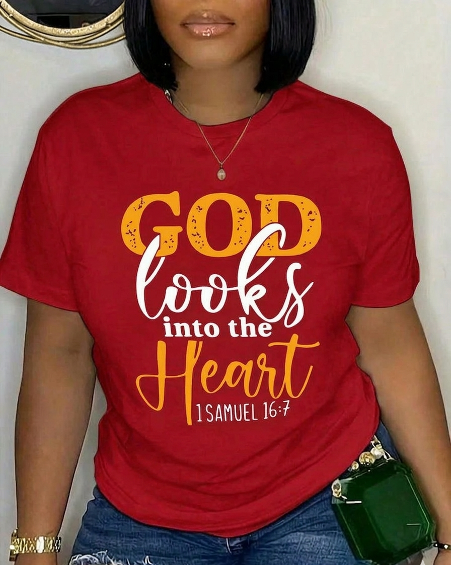 PREMIUM QUALITY T-SHIRT 100% COTTON CUSTOM BRANDED WOMEN CHRISTIAN BIBLE VERSE T-SHIRT – “GOD LOOKS INTO THE HEART” 1 SAMUEL 16:7