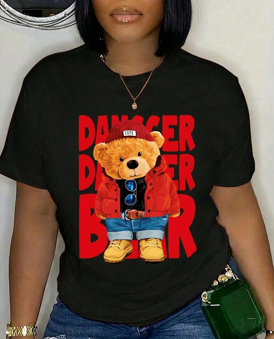 WOMEN “DANGER BEAR” CARTOON GRAPHIC T-SHIRT CUSTOM BRANDED – CUTE TEDDY BEAR STREET STYLE PRINTED 100% COTTON