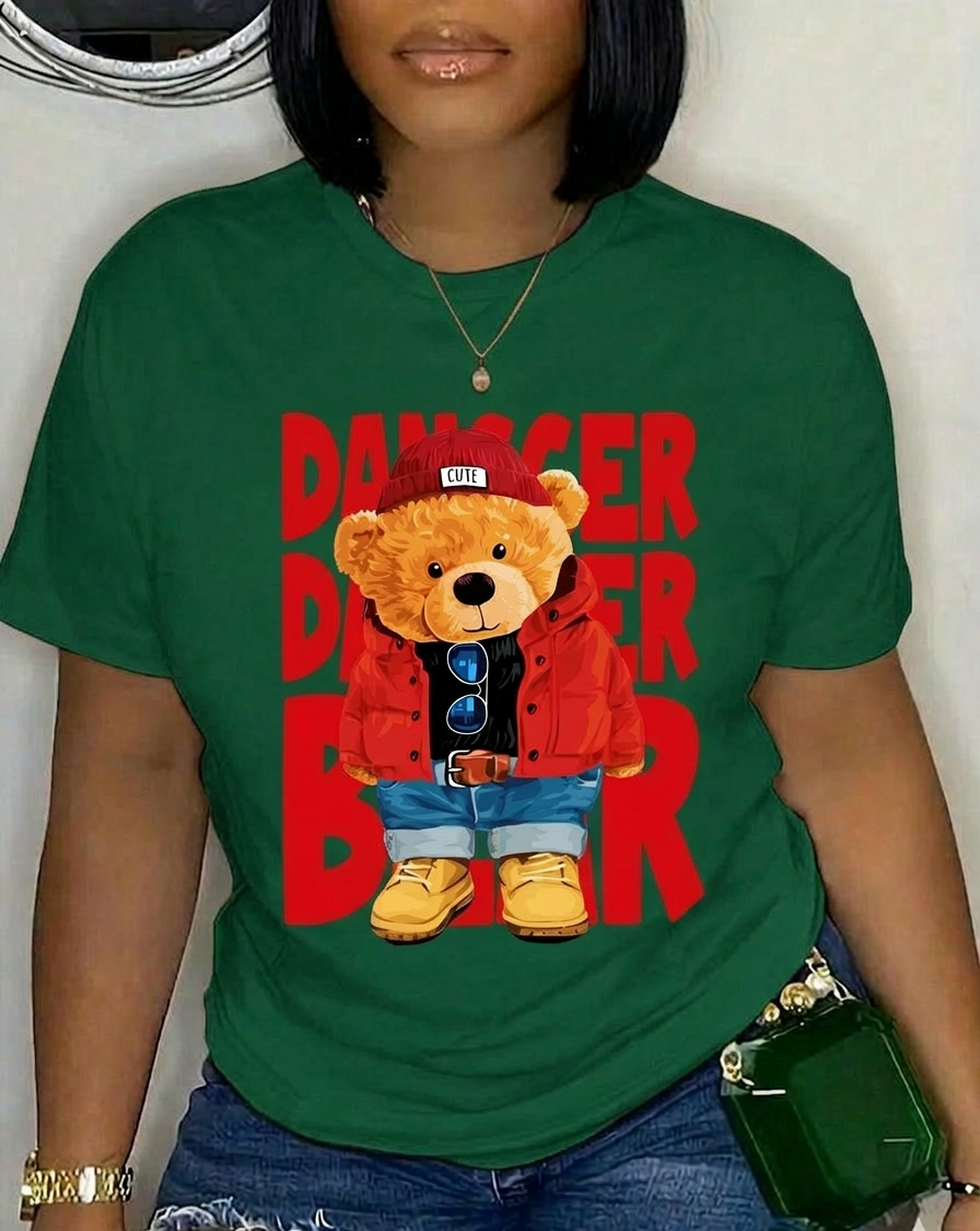 WOMEN “DANGER BEAR” CARTOON GRAPHIC T-SHIRT CUSTOM BRANDED – CUTE TEDDY BEAR STREET STYLE PRINTED 100% COTTON