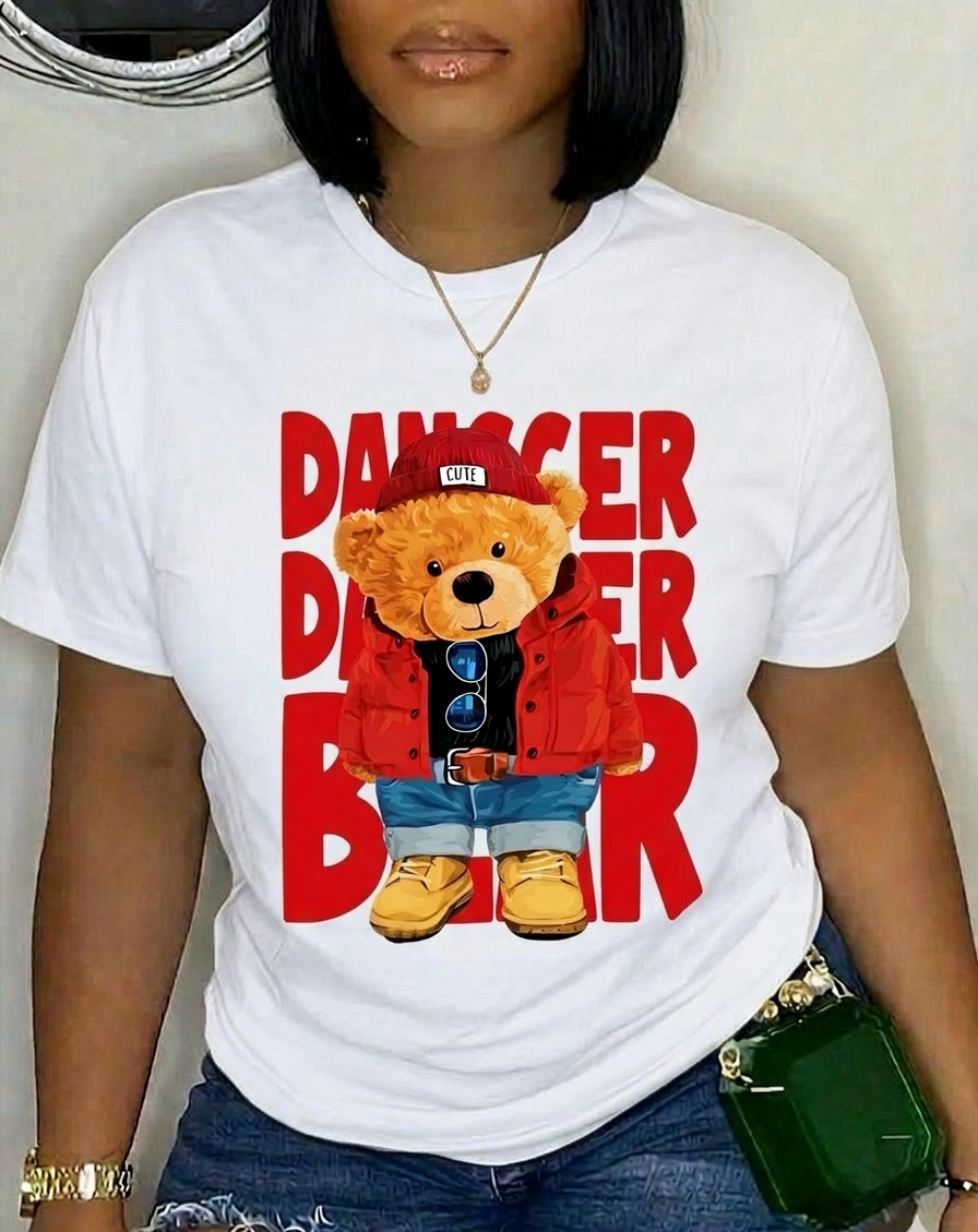 WOMEN “DANGER BEAR” CARTOON GRAPHIC T-SHIRT CUSTOM BRANDED – CUTE TEDDY BEAR STREET STYLE PRINTED 100% COTTON
