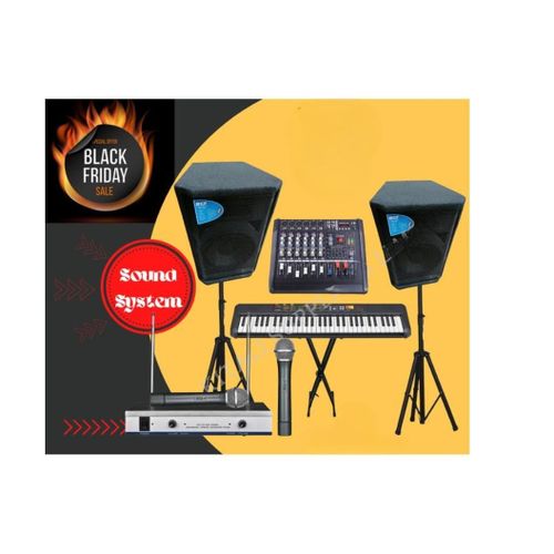 Rcf Full Public Address System Two 15 inches Public Address Speakers , PSR-F52 Keyboard , Keyboard Stand , 6 Channels Mixer , Two Speaker Stands + Free Wireless Microphone