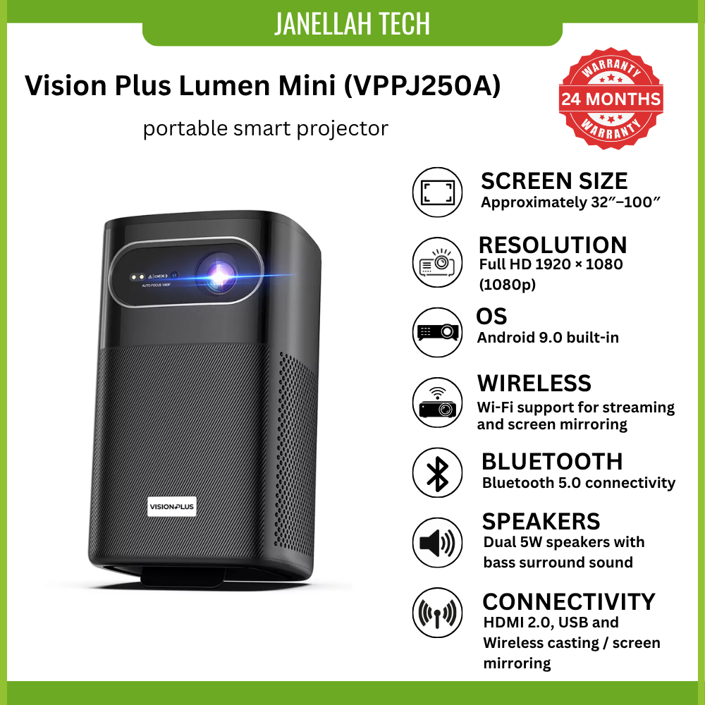 [Exclusive Online Offer] Vision Plus Lumen Mini (VPPJ250A) portable smart projector, Massive 15,000mAh battery, True 1080P Full HD, projection from 32" up to 100", Built-in Android 9.0