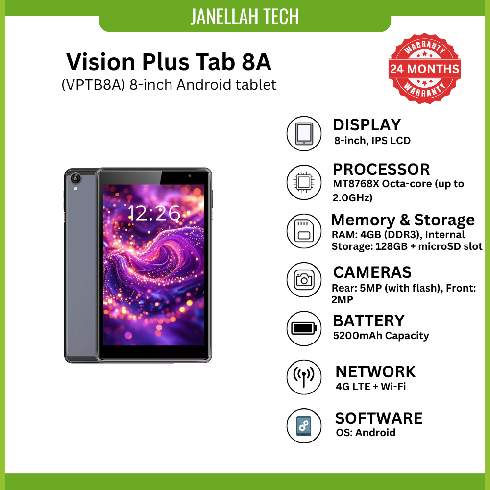 [Exclusive Online Offer] Vision Plus Tab 8A (VPTB8A) 8-inch Android tablet, MediaTek MT8768X Octa-core (2.0GHz) 4GB RAM 128GB ROM (Expandable up to 1TB via microSD), Android 15, 5200mAh