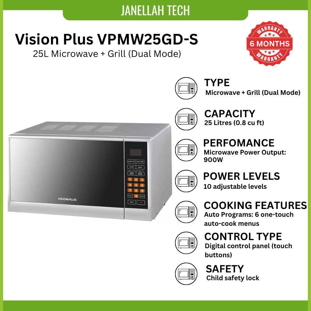 [Exclusive Online Offer] Vision Plus VPMW25GD-S, 25L Microwave + Grill (Dual Mode), Digital Control Panel with LED Display, Multiple levels for precision cooking, Defrost by weight/time, Child Lock
