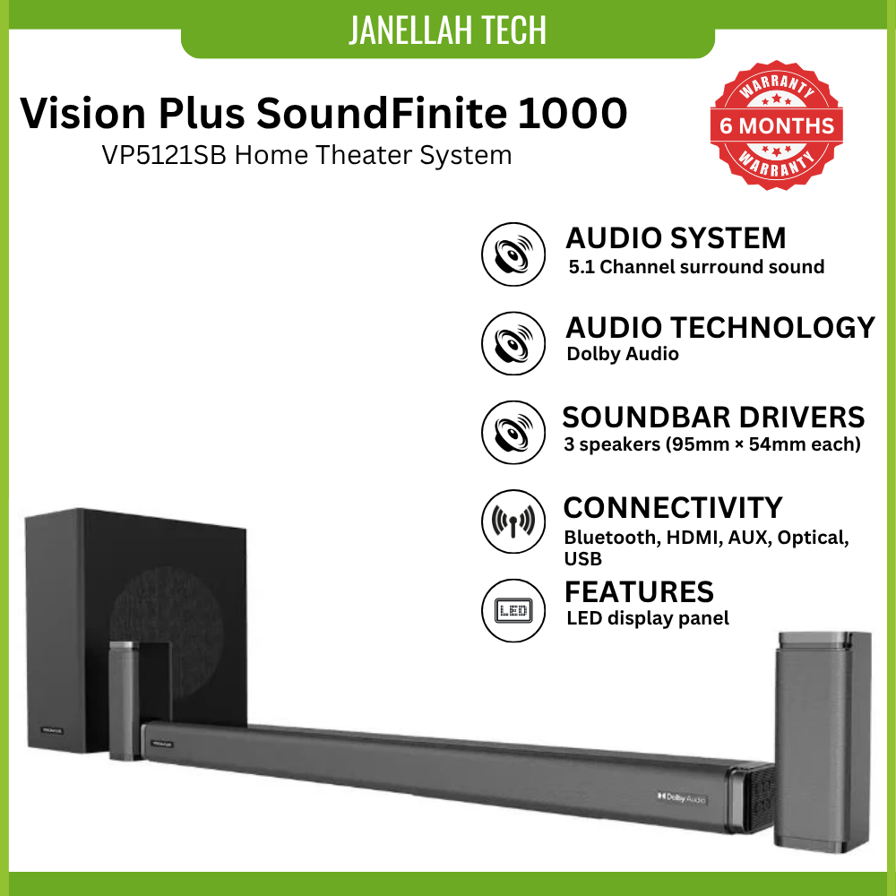 [Exclusive Online Offer] Vision Plus VP5121SB SoundFinite 1000, high-power 5.1 channel home theater system, Bluetooth 5.3, HDMI (ARC), Optical, AUX, USB, Soundbar + Wireless Subwoofer + 2 Rear Speaker