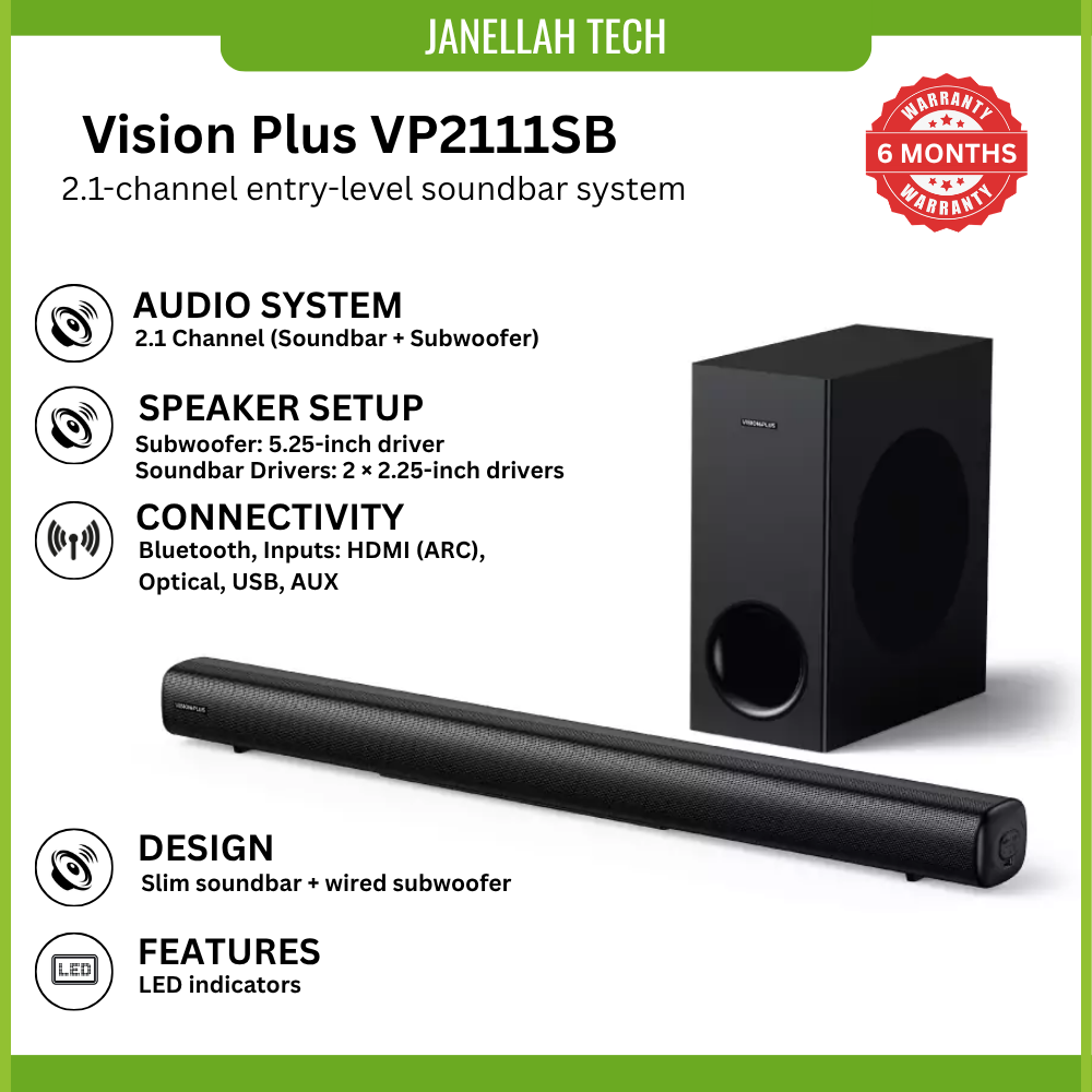 [Exclusive Online Offer] Vision Plus VP2111SB 2.1-channel entry-level soundbar system, Deep Bass, HDMI ARC, Minimalist Design, Multiple EQ Modes, 240W Max Power, Bluetooth connectivity