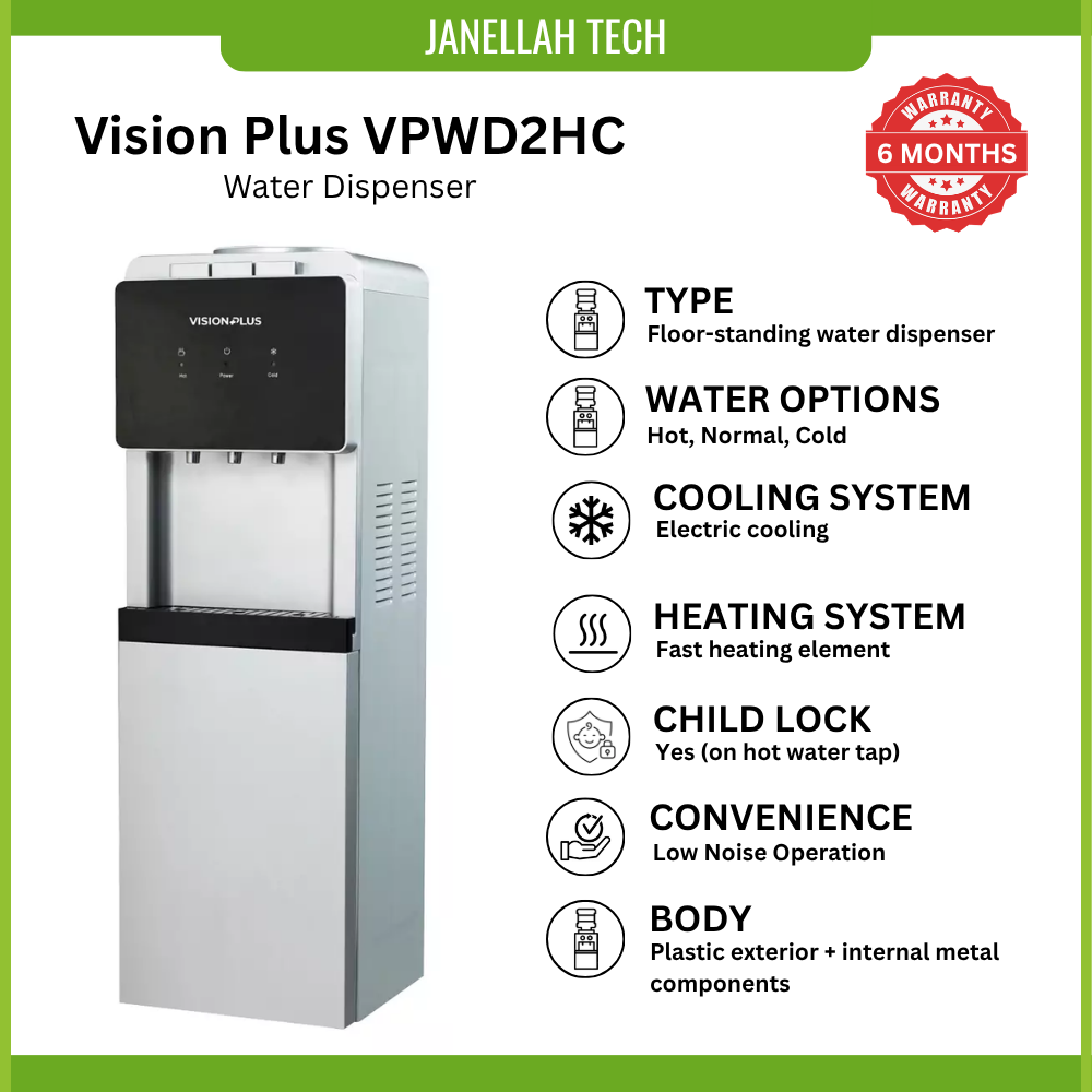 [Exclusive Online Offer] Vision Plus VPWD2HC, free-standing Hot, Normal (Room Temperature), and Cold water dispenser, Electric Cooling, Safety Child Lock, Under-Storage Cabinet