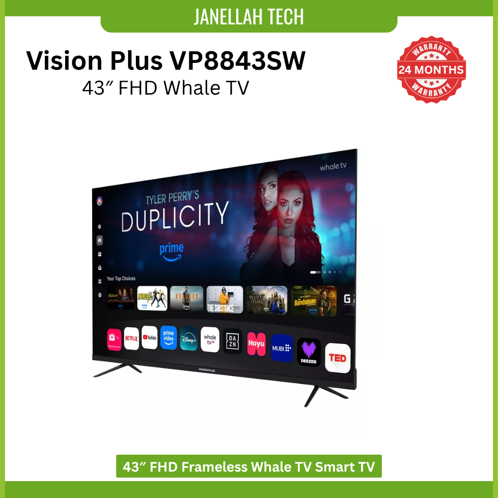 [Exclusive Online Offer] Vision Plus 43" FHD Whale TV (Model: VP8843SW), budget-friendly smart TV, 43 inches (Frameless Design), Full HD (1920 x 1080), Whale TV OS (Android 13.0 based), 1GB RAM / 8GB
