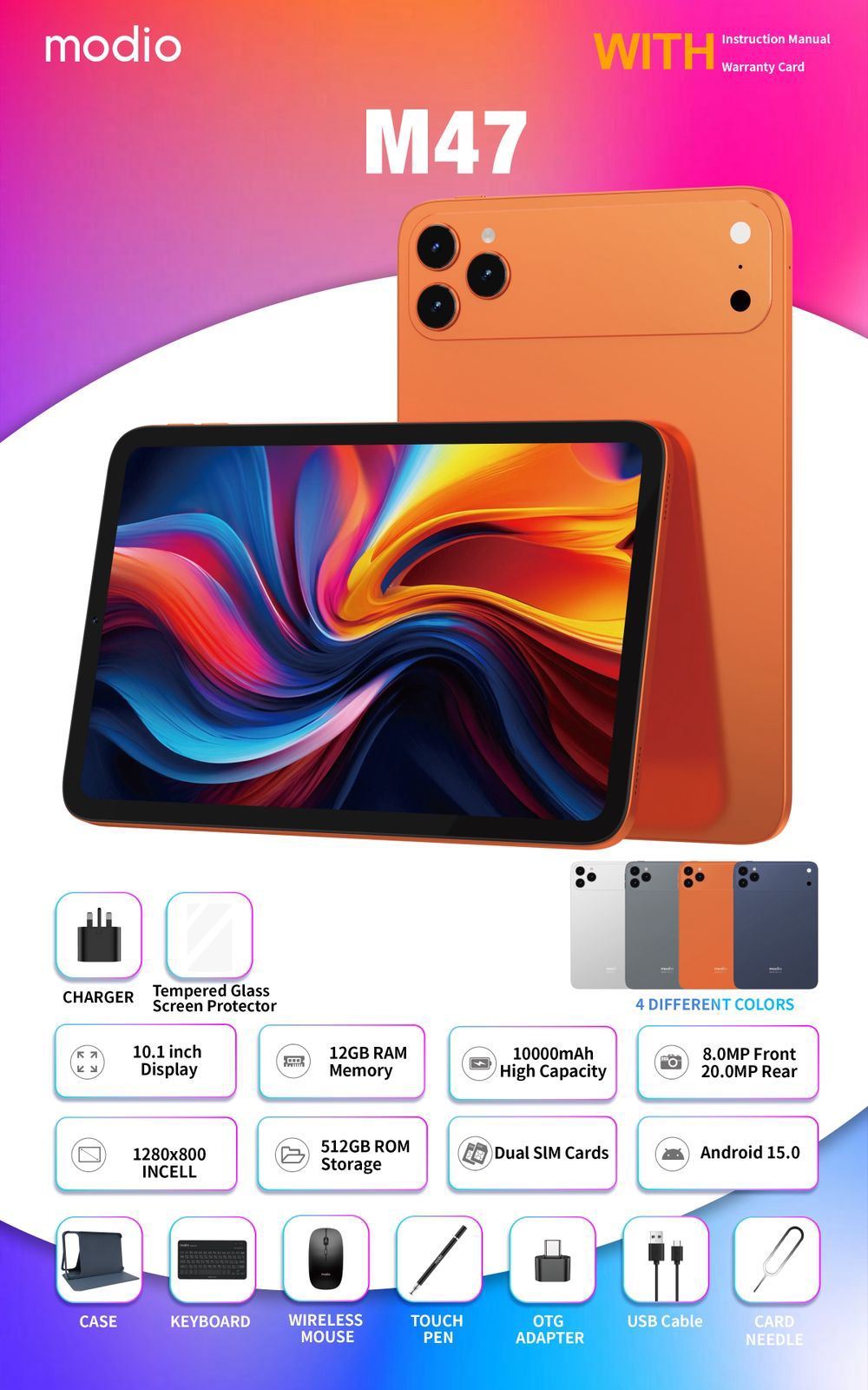 Modio M47 10" Tablet – 512GB Storage, 12GB RAM, Large Screen, High Performance Android Tablet – Fast & Powerful, Perfect for Work, Gaming & Entertainment..