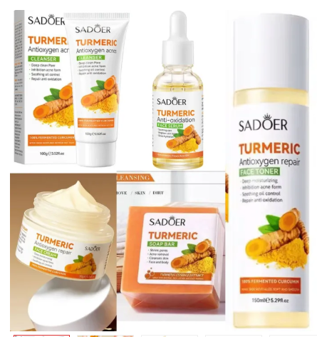 5-in-1 Sadoer Turmeric Skincare Set – Includes Turmeric Cleanser, Face Serum, Toner, Face Cream, and Turmeric Soap. Enriched with powerful Vitamin C, this all-in-one routine helps prevent acne, soothe