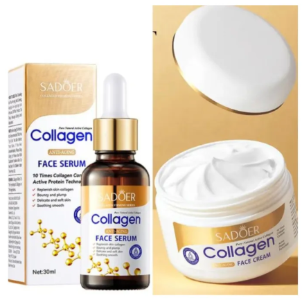 Sadoer 2-in-1 Collagen Skincare Set – Includes Anti-Aging Collagen Face Serum and Collagen Face Cream. This moisturizing duo helps reduce the appearance of wrinkles and fine lines while smoothing and