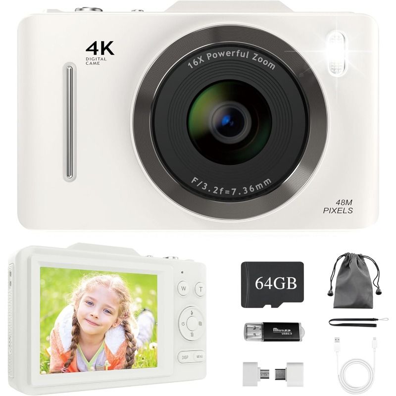 4K Digital Camera 48MP Compact FHD 64GB SD Card with 16X Zoom, Anti-Shake, 2.8" LCD - Portable Vlogging Camera for Kids & Beginners