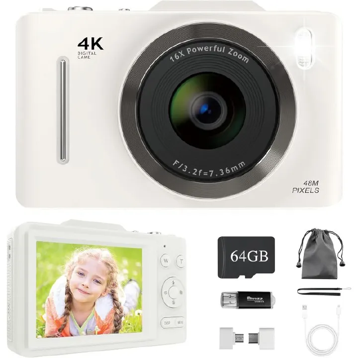 4K Digital Camera 48MP Compact FHD 64GB SD Card with 16X Zoom, Anti-Shake, 2.8" LCD - Portable Vlogging Camera for Kids & Beginners