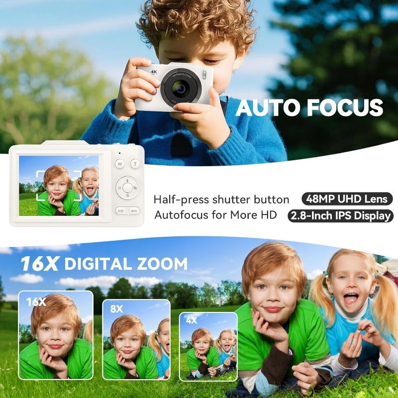 4K Digital Camera 48MP Compact FHD 64GB SD Card with 16X Zoom, Anti-Shake, 2.8" LCD - Portable Vlogging Camera for Kids & Beginners