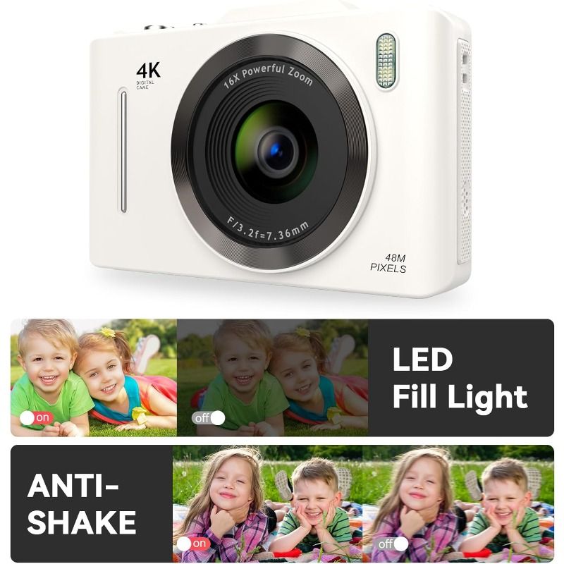 4K Digital Camera 48MP Compact FHD 64GB SD Card with 16X Zoom, Anti-Shake, 2.8" LCD - Portable Vlogging Camera for Kids & Beginners