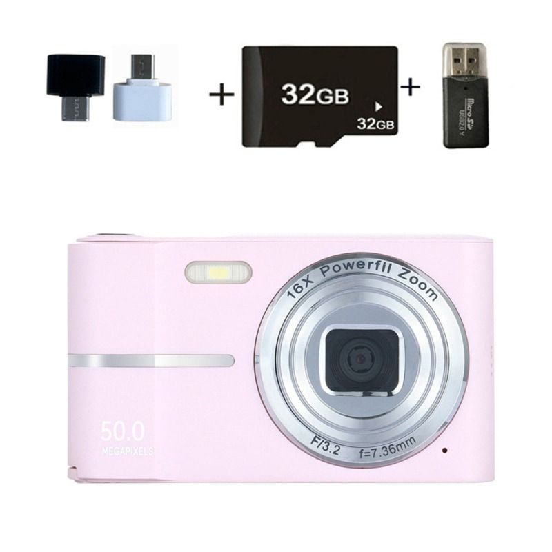 Digital Camera, 1080P FHD Vlogging Camera 50MP Compact Portable Photo Camera with 2.4" Screen, 16X Digital Zoom Mini Small Pocket Camera for Kids Students with 1 Battery, 32GB Card