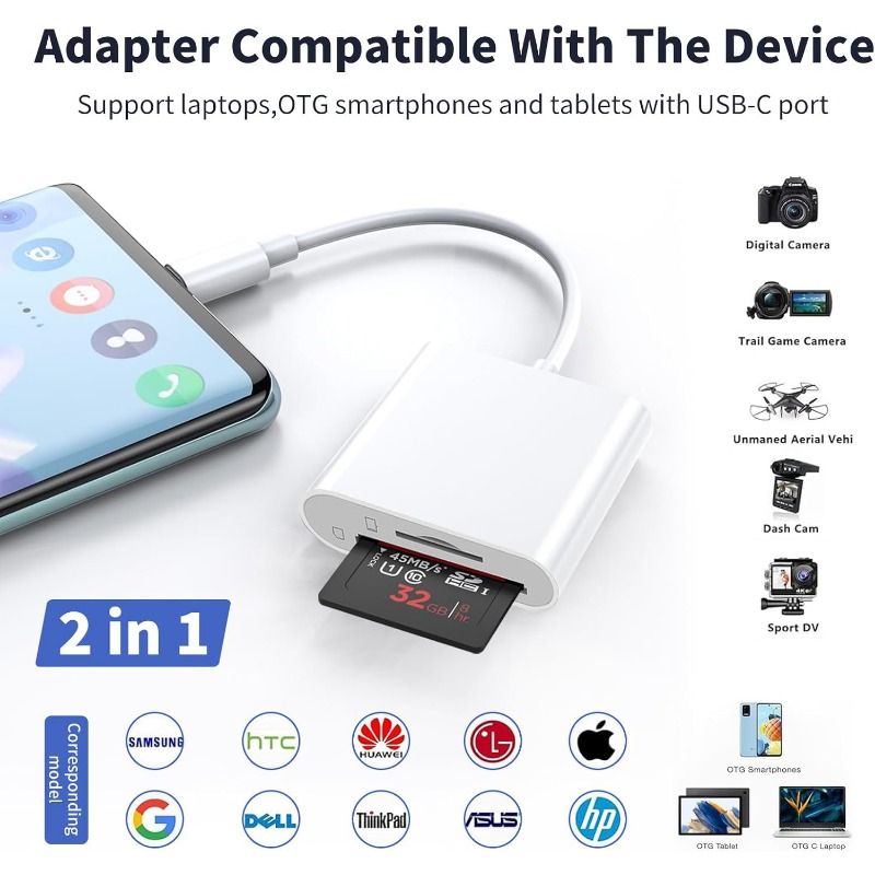 USB C SD Card Reader, Type C Card Reader with Dual Slot Memory Card Reader Trail Camera Viewer USB C to SD Card OTG Adapter for iPhone 15 16/iPad/MacBook/Mac, and More Type-C Devices, Plug and Play