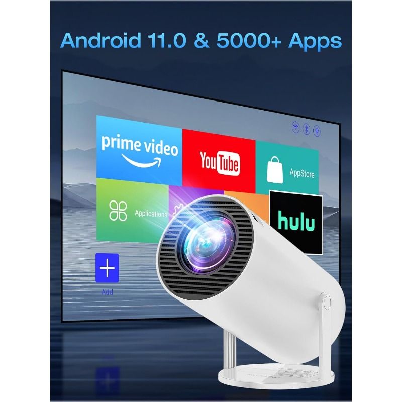 [Built-in Apps & Android 11.0] Mini Projector Portable 20000 Lux Projector 4K Supported 180° Rotation & Auto Keystone, Outdoor Compatible with TV Stick/Windows/iOS/Android/HDMI/USB (1080P)
