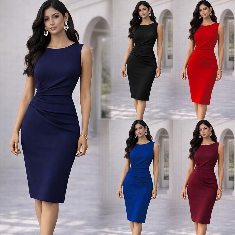 Casual Solid Color Bodycon Mini Dress for Women - High Waist Sleeveless Knit Dress