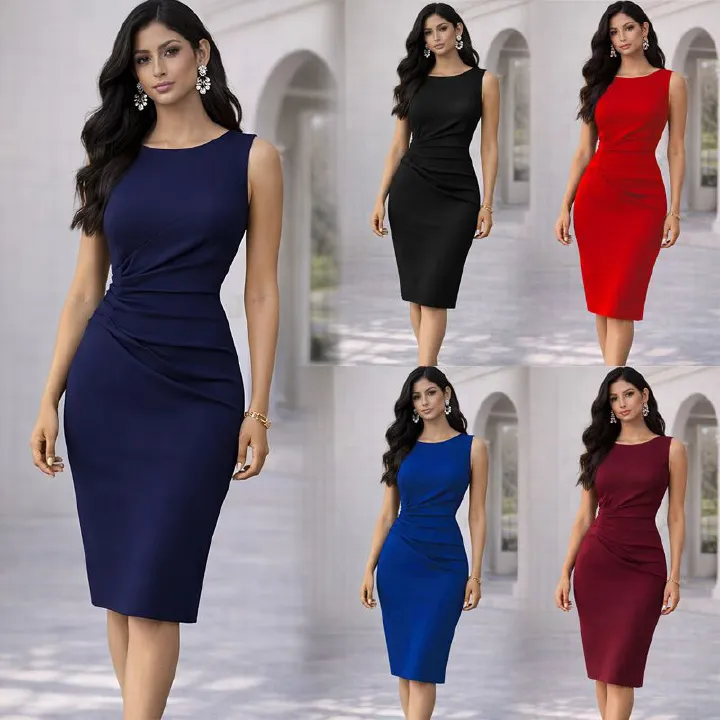 Casual Solid Color Bodycon Mini Dress for Women - High Waist Sleeveless Knit Dress