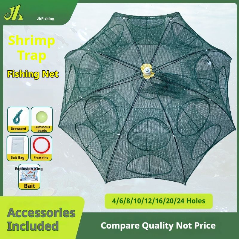 Foldable Umbrella Fishing Bait Trap, Automatic Shrimp Crab Minnow Cage with Only-in No-out Design, Full Accessories Fishing Net for River Lake Pond Fishing