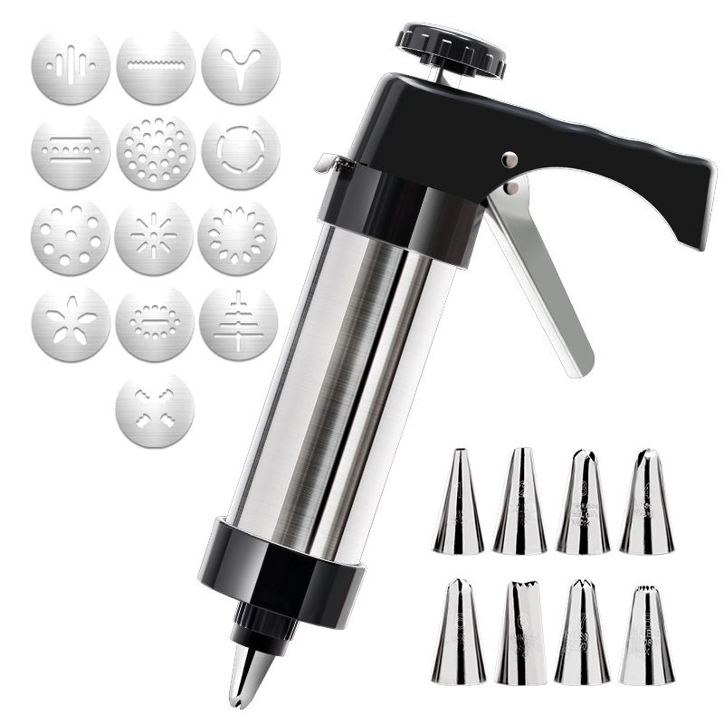 Stainless Steel Cookie Press Gun with 13 Discs & 8 Icing Tips, DIY Biscuit Maker Decorating Tool Set for Home Baking, Cookie Extruder for Pastry, Cake, Biscuit