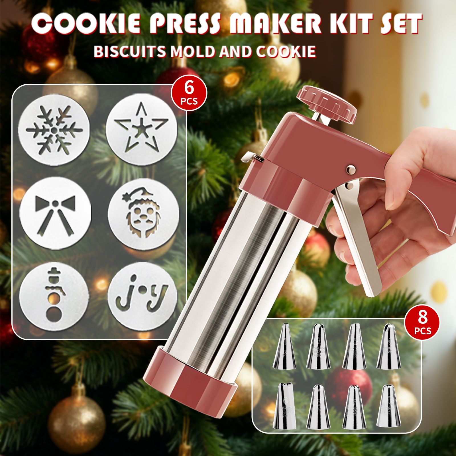 Stainless Steel Cookie Press Gun with 13 Discs & 8 Icing Tips, DIY Biscuit Maker Decorating Tool Set for Home Baking, Cookie Extruder for Pastry, Cake, Biscuit