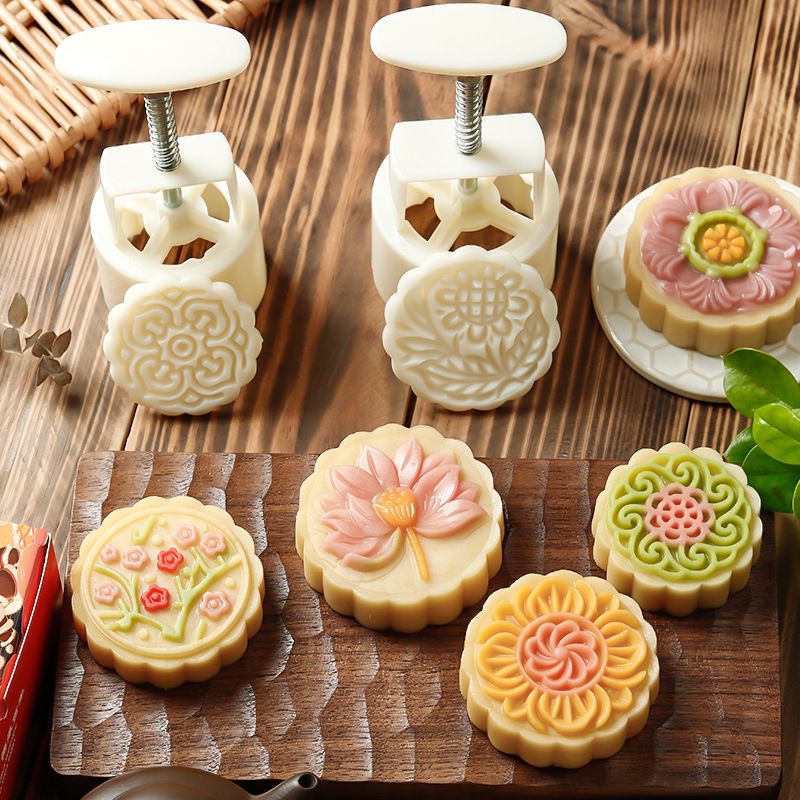 Hand Press Mooncake Mold, Non-Stick Pastry Press Mold for Mid-Autumn Festival, DIY Mung Bean Cake, Ice Skin Mooncake, Pastry Baking Tool with Multiple Stamps