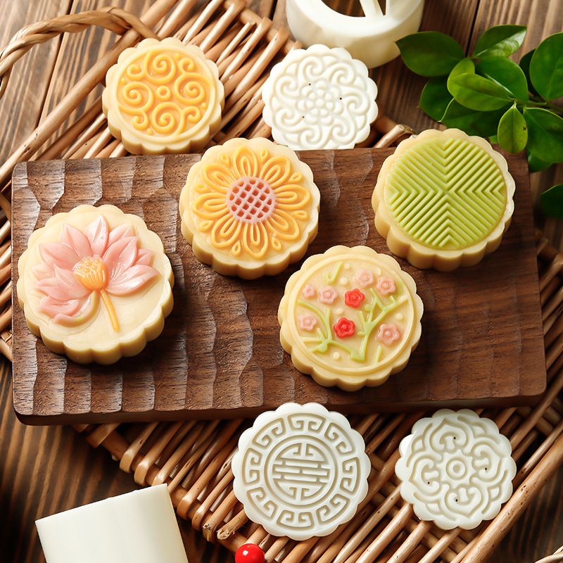 Hand Press Mooncake Mold, Non-Stick Pastry Press Mold for Mid-Autumn Festival, DIY Mung Bean Cake, Ice Skin Mooncake, Pastry Baking Tool with Multiple Stamps