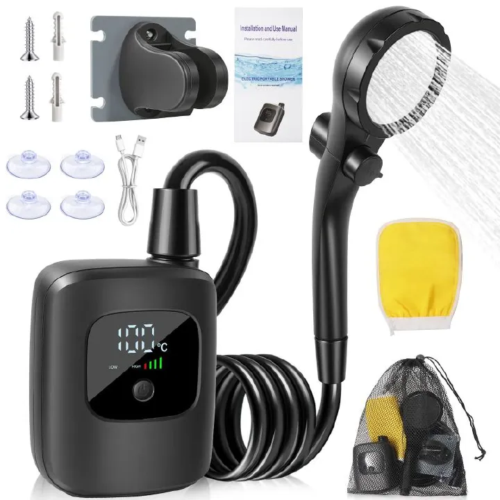 Digital Display Temperature Control Shower Set, USB Rechargeable Portable Shower with Hose & Bracket, for Camping, RV, Outdoor & Bathroom