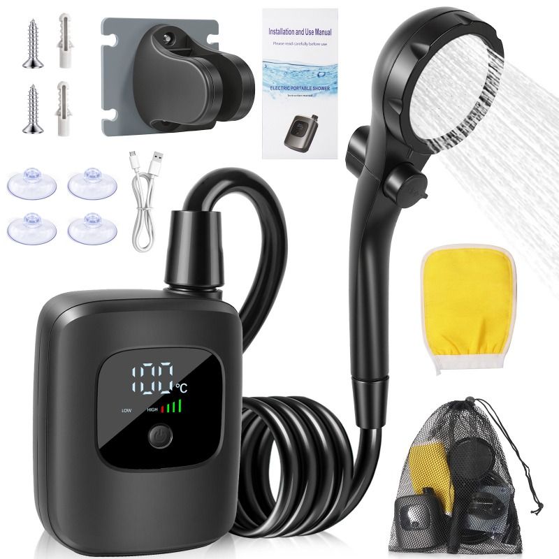Digital Display Temperature Control Shower Set, USB Rechargeable Portable Shower with Hose & Bracket, for Camping, RV, Outdoor & Bathroom
