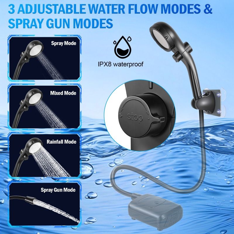 Digital Display Temperature Control Shower Set, USB Rechargeable Portable Shower with Hose & Bracket, for Camping, RV, Outdoor & Bathroom