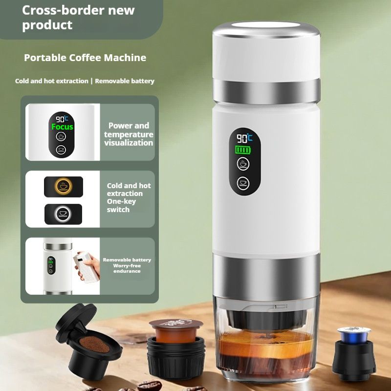Portable Espresso Coffee Machine, 2-in-1 Cold/Hot Extraction, USB Rechargeable Detachable Battery, Digital Display for Travel, Camping, Car