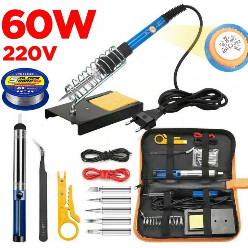 60W Adjustable Temp Soldering Iron Kit, 220V Electronics Welding Tool with Solder Wire, Stand, Desoldering Pump, Carrying Case for Home Repair